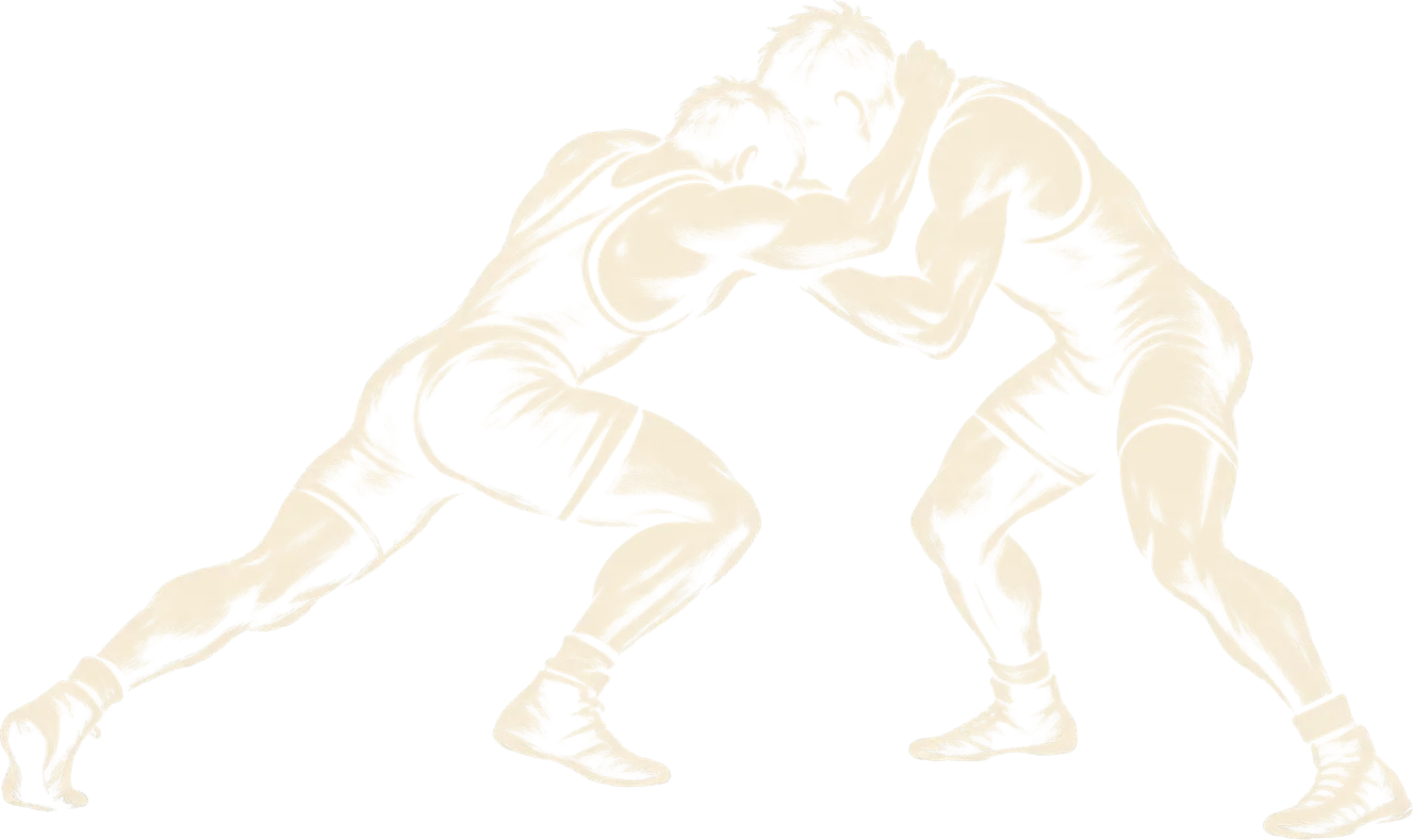 Ink illustration of two wrestlers locked in a collar tie